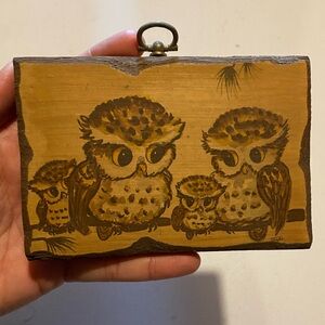 Vintage plaque Owl Family Of 4 on branch, Artist SIGNED Thayer 1970's